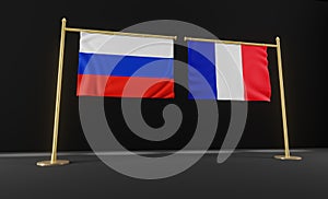 Russia and France flags. Russia and France flag. Russia and France negotiations. 3D work and 3D image