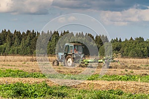 Russia. Gatchinsky district of the Leningrad region. August 28, 2021. The tractor puts hay on the field in the tracks