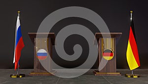 Russia and Germany. Russia and Germany flag. Russia and Germany negotiations. Rostrum for speech. 3D work and 3D image