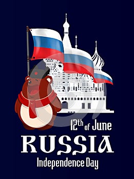 Russia Independence Day. 12 of June. Brown Bear stays next to St. Basil`s Cathedral silhouette at the Red Square in Moscow.