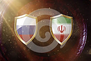 Russia and iran flag in golden shield on copper texture background.3d illustration