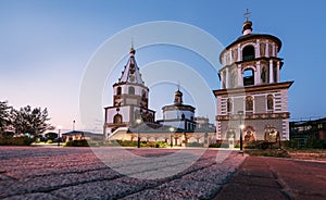 Russia, Irkutsk - June 30, 2020: The Cathedral of the Epiphany of the Lord. Orthodox Church, Catholic Church in sunset