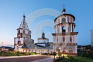 Russia, Irkutsk - June 30, 2020: The Cathedral of the Epiphany of the Lord. Orthodox Church, Catholic Church in sunset
