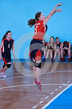 Russia, Izhevsk - April 26, 2017:Female basketball team playing game.