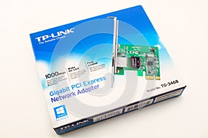 Russia, Izhevsk - April 26, 2017:Gigabit PCI Express Network Adapter TP-LINK TG-3468.