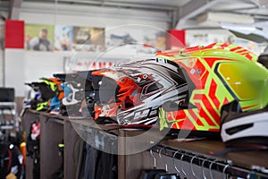 Russia, Izhevsk - August 23, 2019: Yamaha motorcycle shop. Row of helmets to protect the head of a motorcyclist