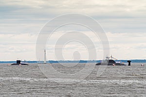 Russia. July 25, 2021. The nuclear submarine Vepr and the diesel-electric submarine Dmitrov at the Kronstadt raid during