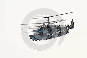 Russia, Khabarovsk - May 9, 2020: K-52 helicopters alligator fly in formation