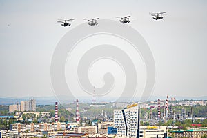 Russia, Khabarovsk - May 9, 2020: K-52 helicopters alligator fly in formation