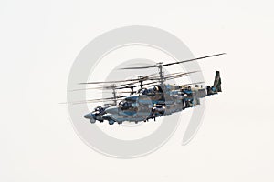 Russia, Khabarovsk - May 9, 2020: K-52 helicopters alligator fly in formation