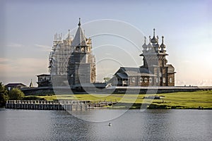 Russia. Kizhi Pogost. The view from the lake on Kizhi Pogost and the Church of Transfiguration.