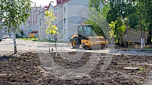 Russia Kotlas 26 July 2020 Heavy vibrocat for asphalt concrete works road repairs stands on the square