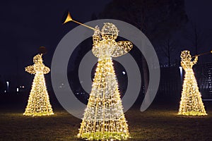 Russia,Krasnodar 07.01.2022. light up the lawn in the park at night. Festive decor