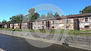 Russia Kronstadt old part of the city, Rope spinning plant, View through the Bypass Canal to warehouses