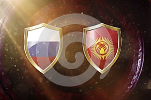 Russia and kyrgyzstan flag in golden shield on copper texture background.3d illustration