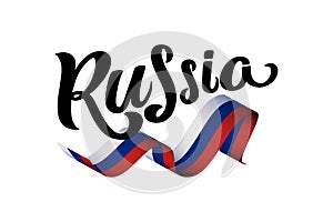Russia lettering with 3D tricolor ribbon as Russian flag, hand drawn text for National Unity Day, for celebration poster