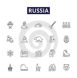 Russia line vector icons and signs. Moscow, USSR, Kremlin, Sputnik, Czarist, cold war, Siberia, Soviet outline vector