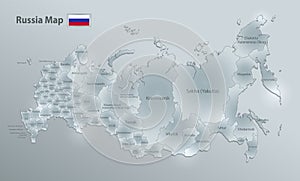 Russia map and flag, administrative division individual regions and names, design glass card 3D