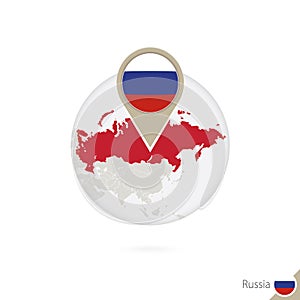 Russia map and flag in circle. Map of Russia, Russia flag pin. Map of Russia in the style of the globe