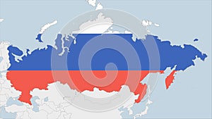Russia map highlighted in Russia flag colors and pin of country capital Moscow