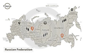 Russia map, individual regions with names, Infographics and icons