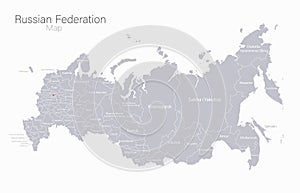 Russia map, regions and capital city with names, gray on a white background