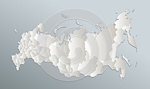 Russia map, regions with names, blue white card paper 3D, blank