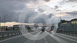 Russia. Moscow. 18.09.2020 View through the windshield of a car on a six-lane highway with interchanges and an overhead