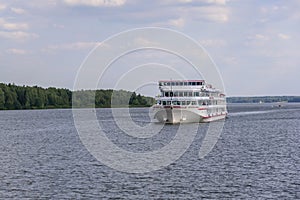 Russia, Moscow August 2018: small river tourist boat on the river channel named after Moscow