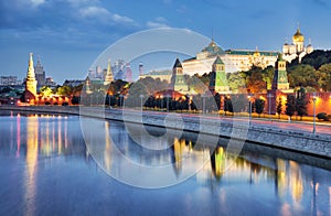 Russia, Moscow city skyline at night