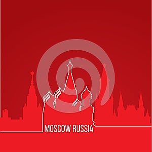 Russia Moscow Concept for web banner. One line composition with greatest landmarks. White linear icon on red background.