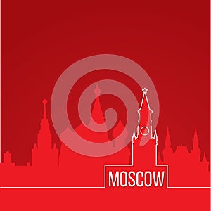 Russia Moscow Concept for web banner. One line composition with greatest landmarks. White linear icon on red background.