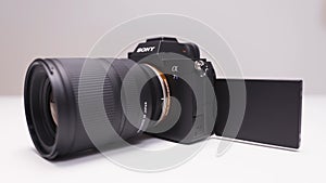 RUSSIA, MOSCOW-DECEMBER, 2020: New professional Sony Camera. Action. Sony a7s III camera with powerful lens and