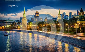 Russia, Moscow, night view of the River, Bridge and the Kremlin