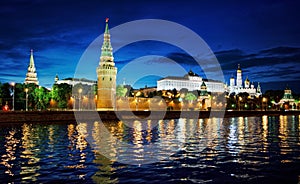 Russia, Moscow, night view of the River, Bridge and the Kremlin