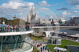 RUSSIA, MOSCOW - SEPTEMBER 16, 2017: New bridge over Moskva river Poryachiy bridge in Zaryadye Park in Moscow in Russia