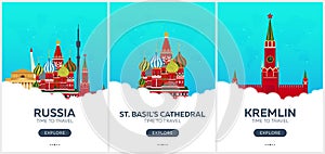 Russia. Moscow. Time to travel. Set of Travel posters. Vector flat illustration.