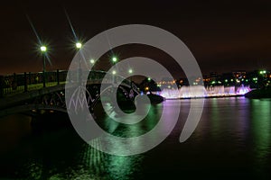 Russia Moscow Tsaritsyno estate bridge over an artificial reservoir with a view of the fountain