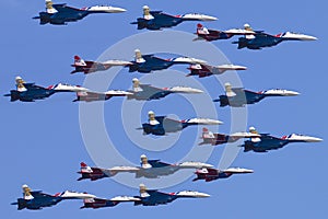 Russia, Moscow, Victory Day May 9, 2016 - manned team Swifts and Russian Knights