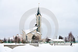 Russia, Naberezhnye Chelny, February 2, 2021: city mosque on the river bank under the snow