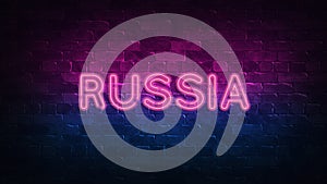Russia neon sign. purple and blue glow. neon text. Brick wall lit by neon lamps. Night lighting on the wall. 3d illustration.