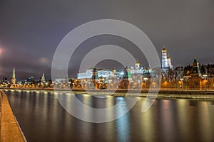 Russia, night view of the Moskva River, Bridge and the Kremlin