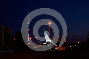 Russia. Night view of the Ostankino television tower in Moscow.