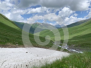 Russia, North Ossetia. Clouds ove Zrug Gorge in June