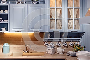 Russia Novosibirsk 2019-02-09 multifunctional modern style kitchen with household appliances, shelves and equipment. Concept store