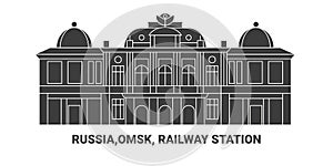 Russia, Omsk, Railway Station, travel landmark vector illustration