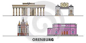 Russia, Orenburg flat landmarks vector illustration. Russia, Orenburg line city with famous travel sights, skyline