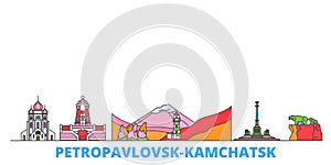 Russia, Petropavlovsk Kamchatsk line cityscape, flat vector. Travel city landmark, oultine illustration, line world