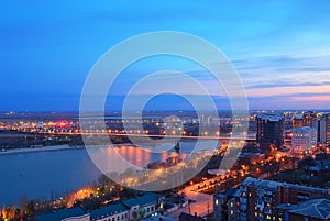 Russia. Rostov-on-Don. Night view of the city and Voroshilov bridge over the River Don