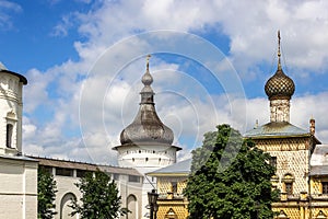 Russia, Rostov, July 2020. Churches and towers of the city Kremlin.